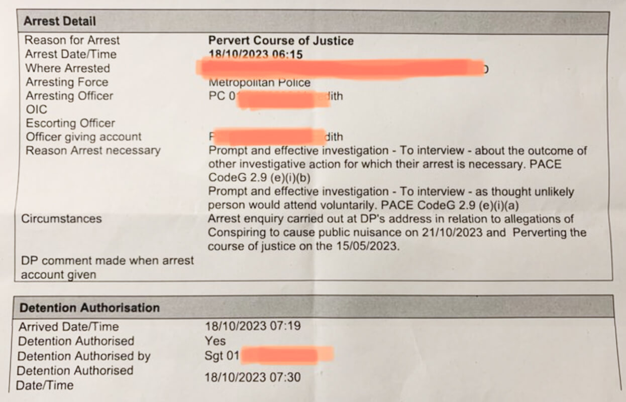 Arrest details sheet showing Reason for arrest: "Pervert Course of Justice", and Arrest Date/Time 18/10/2023 06:15