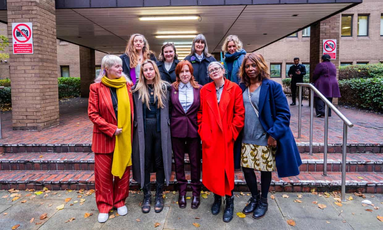  The nine climate activists cleared of criminal damage on HSBC’s London headquarters, outside Southwark crown court, London, 16 November 2023. Photograph: Guy Bell/Shutterstock