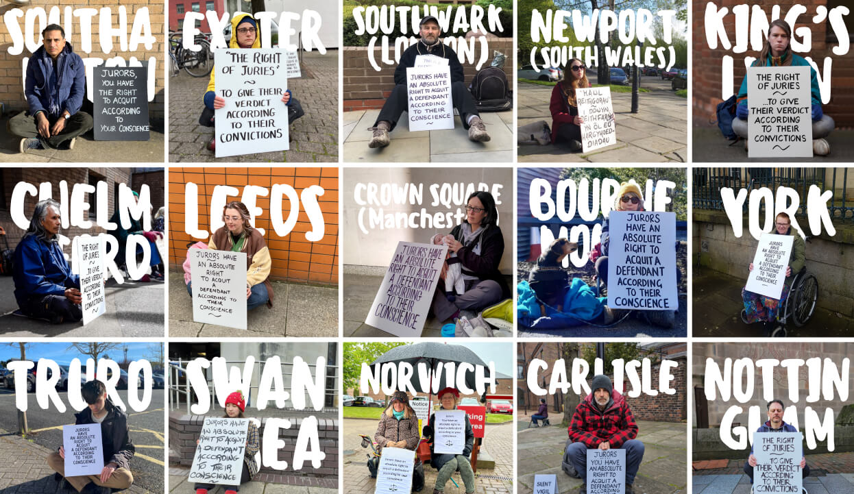 A collage of photos of people at crown courts with their placards